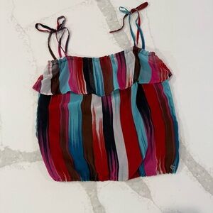 Roxy Striped Tie Strap Ruffle Tank Top Blouse Women’s Large Multi Color Summer